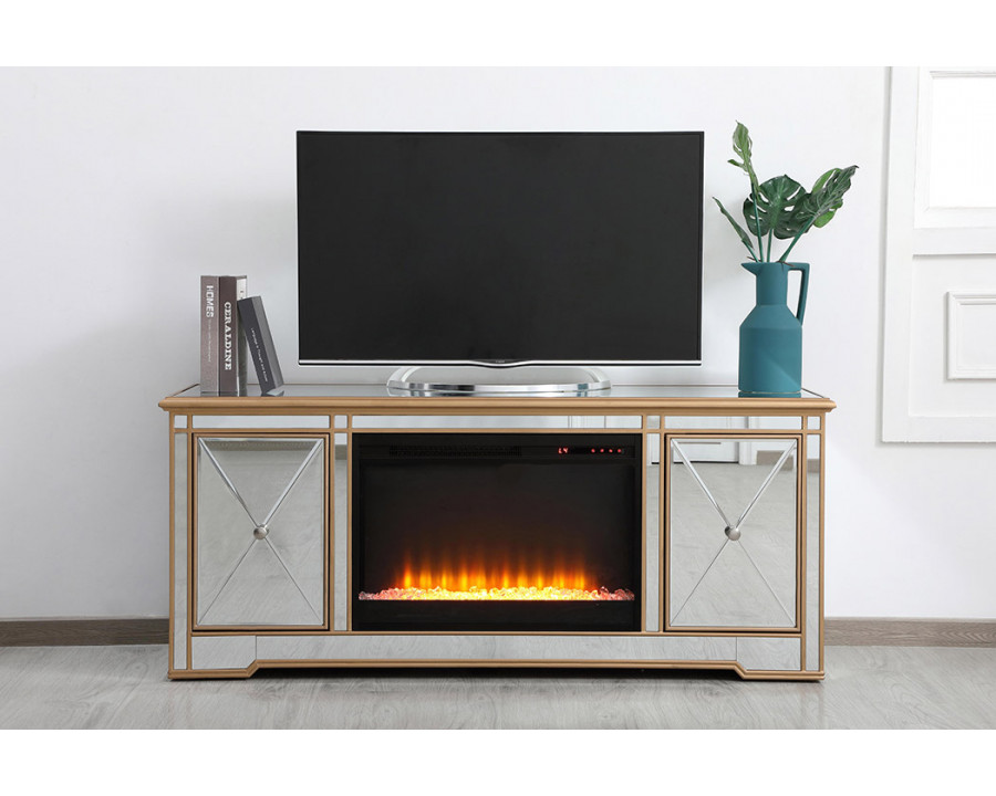 Elegant Modern 60" Mirrored TV Stand with Crystal Fireplace - Gold (MF60160G-F2)