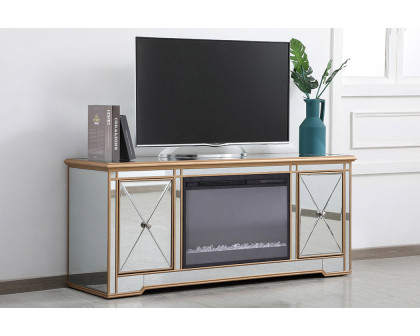 Elegant Modern 60" Mirrored TV Stand with Crystal Fireplace - Gold (MF60160G-F2)