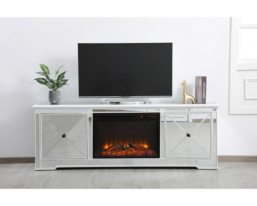 Elegant Modern 72" Mirrored TV Stand with Crystal Fireplace - White (MF60172AW-F1)