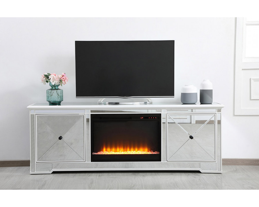 Elegant Modern 72" Mirrored TV Stand with Crystal Fireplace - White (MF60172AW-F2)