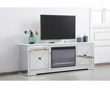 Elegant Modern 72" Mirrored TV Stand with Crystal Fireplace - White (MF60172AW-F2)