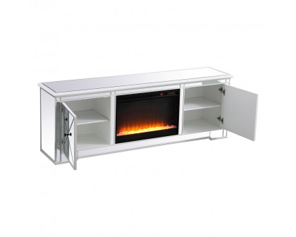 Elegant Modern 72" Mirrored TV Stand with Crystal Fireplace - White (MF60172AW-F2)