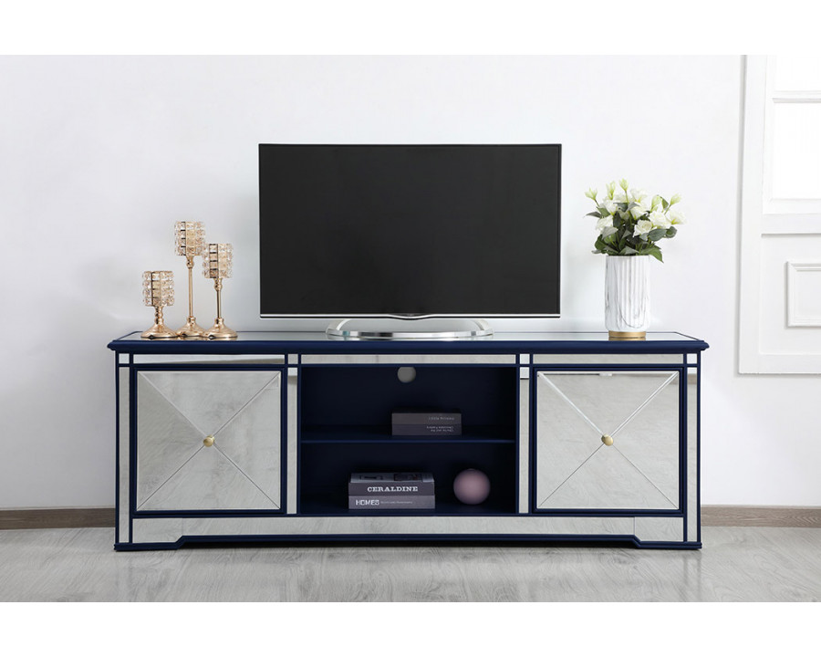 Elegant Modern 72" Mirrored TV Stand with Crystal Fireplace - Blue (MF60172BL)