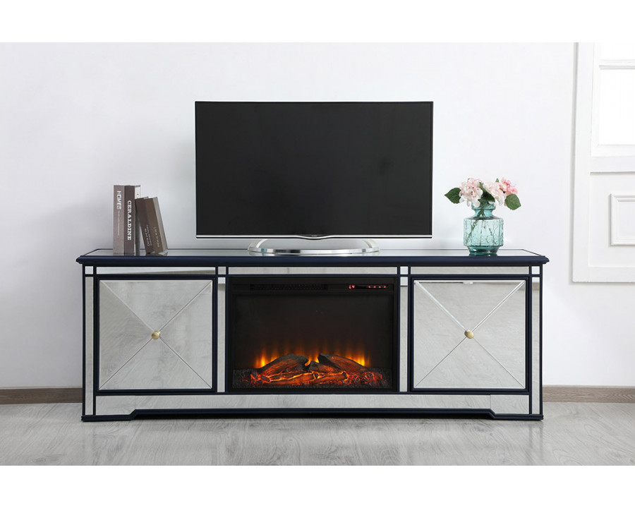 Elegant Modern 72" Mirrored TV Stand with Crystal Fireplace - Blue (MF60172BL-F1)