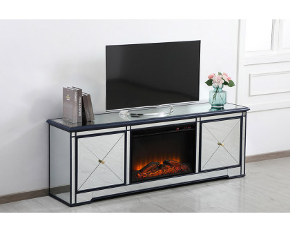 Elegant Modern 72" Mirrored TV Stand with Crystal Fireplace - Blue (MF60172BL-F1)