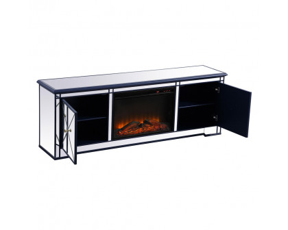 Elegant Modern 72" Mirrored TV Stand with Crystal Fireplace - Blue (MF60172BL-F1)