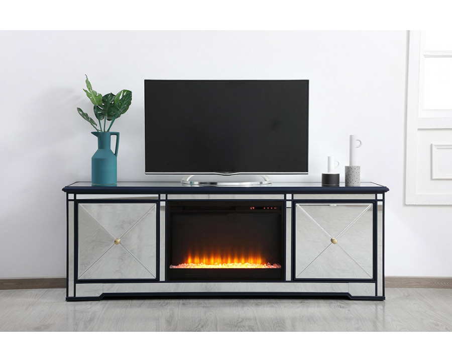 Elegant Modern 72" Mirrored TV Stand with Crystal Fireplace - Blue (MF60172BL-F2)