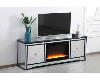 Elegant Modern 72" Mirrored TV Stand with Crystal Fireplace - Blue (MF60172BL-F2)