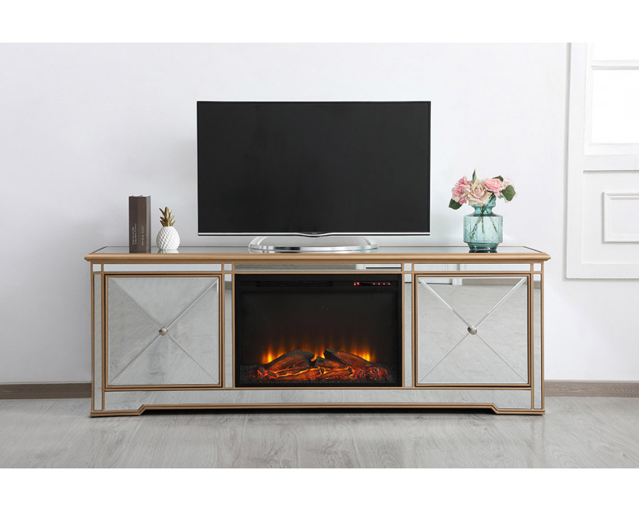 Elegant Modern 72" Mirrored TV Stand with Crystal Fireplace - Gold (MF60172G-F1)