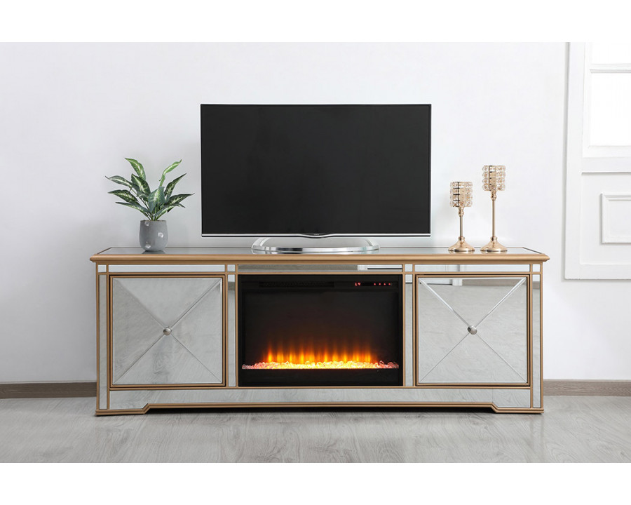 Elegant Modern 72" Mirrored TV Stand with Crystal Fireplace - Gold (MF60172G-F2)