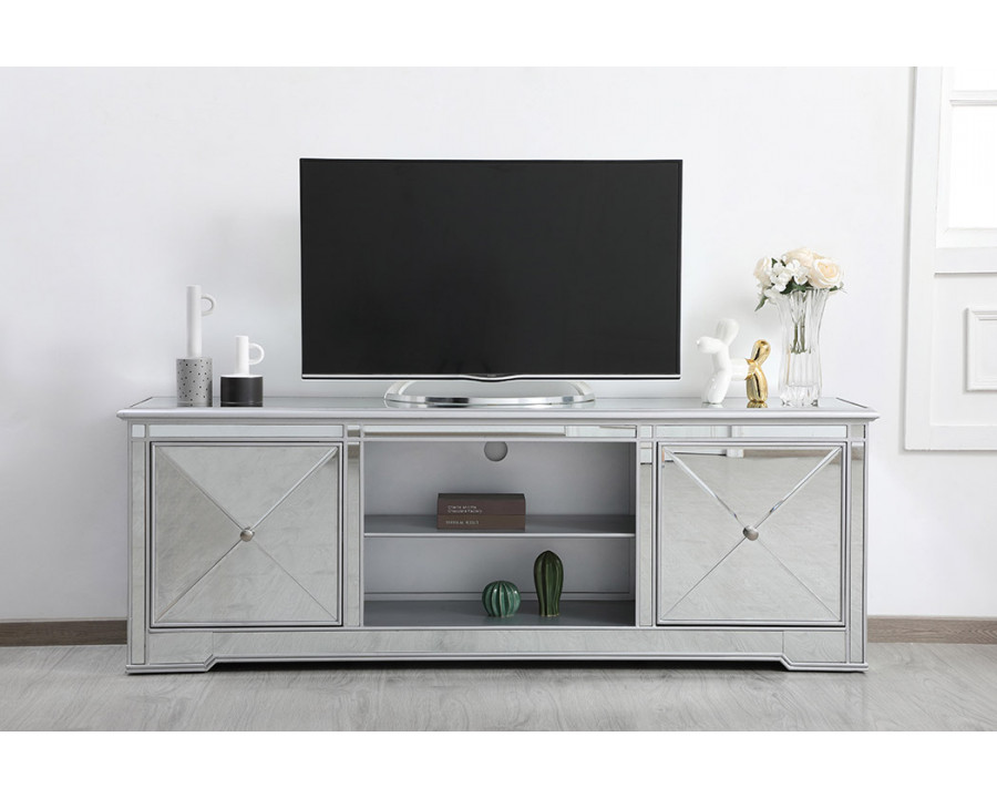 Elegant Modern 72" Mirrored TV Stand with Crystal Fireplace - Silver (MF60172S)