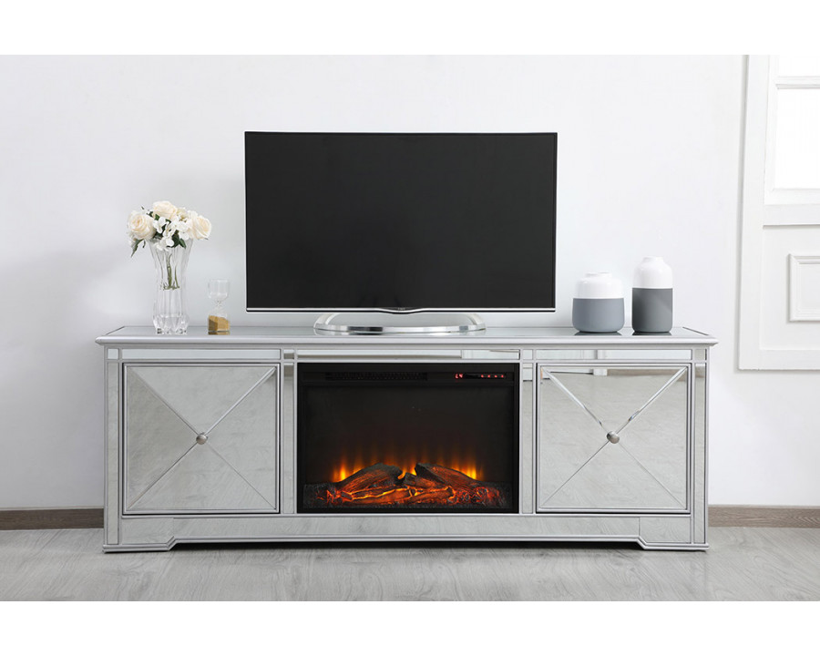 Elegant Modern 72" Mirrored TV Stand with Crystal Fireplace - Silver (MF60172S-F1)