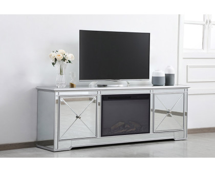 Elegant Modern 72" Mirrored TV Stand with Crystal Fireplace - Silver (MF60172S-F1)