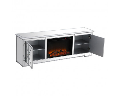 Elegant Modern 72" Mirrored TV Stand with Crystal Fireplace - Silver (MF60172S-F1)