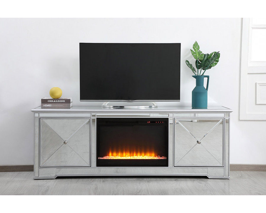 Elegant Modern 72" Mirrored TV Stand with Crystal Fireplace - Silver (MF60172S-F2)