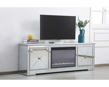 Elegant Modern 72" Mirrored TV Stand with Crystal Fireplace - Silver (MF60172S-F2)