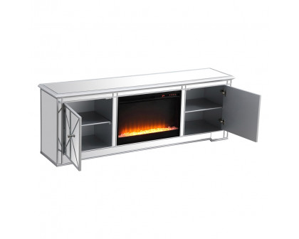 Elegant Modern 72" Mirrored TV Stand with Crystal Fireplace - Silver (MF60172S-F2)