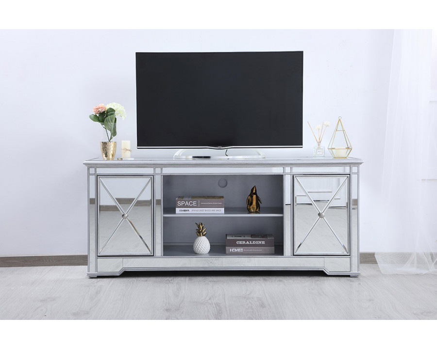 Elegant 60" Mirrored TV Stand with Wood Fireplace Insert - Silver (MF601S)