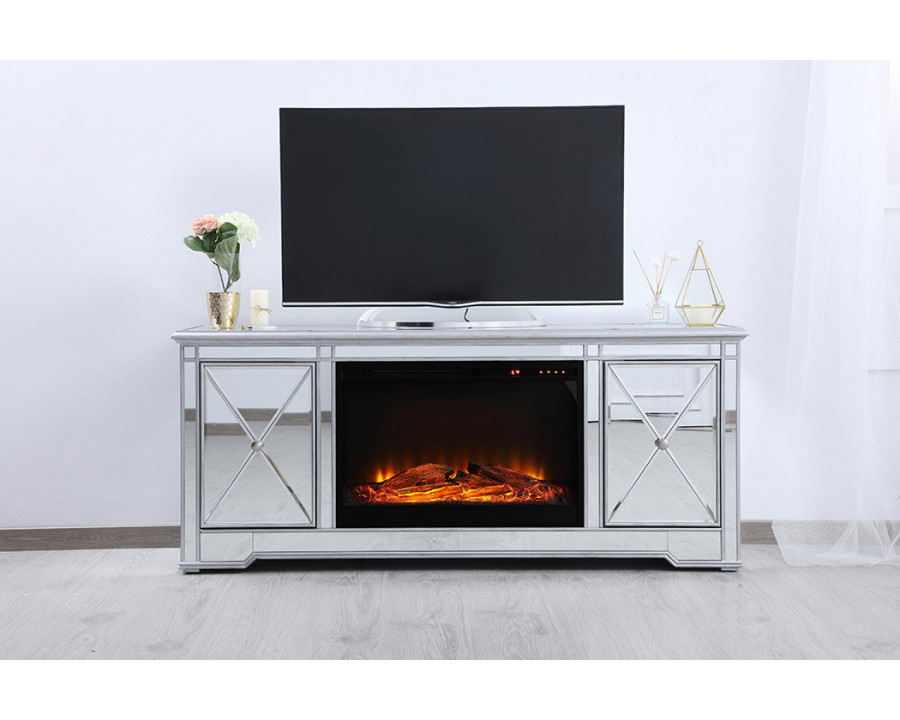 Elegant 60" Mirrored TV Stand with Wood Fireplace Insert - Silver (MF601S-F1)