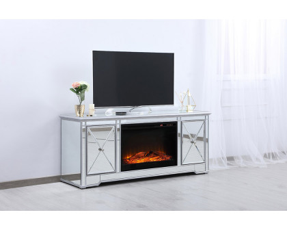 Elegant 60" Mirrored TV Stand with Wood Fireplace Insert - Silver (MF601S-F1)