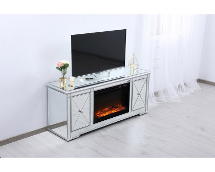 Elegant 60" Mirrored TV Stand with Wood Fireplace Insert - Silver (MF601S-F1)