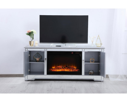 Elegant 60" Mirrored TV Stand with Wood Fireplace Insert - Silver (MF601S-F1)