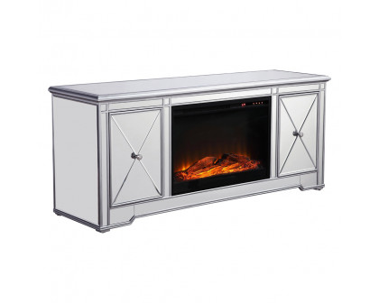 Elegant 60" Mirrored TV Stand with Wood Fireplace Insert - Silver (MF601S-F1)