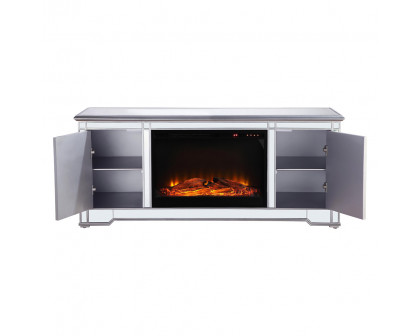 Elegant 60" Mirrored TV Stand with Wood Fireplace Insert - Silver (MF601S-F1)