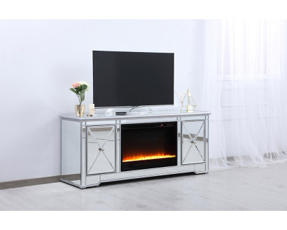 Elegant - Mirrored TV Stand with Wood Fireplace Insert