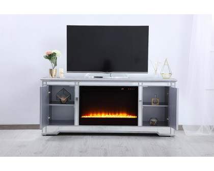 Elegant 60" Mirrored TV Stand with Wood Fireplace Insert - Silver (MF601S-F2)