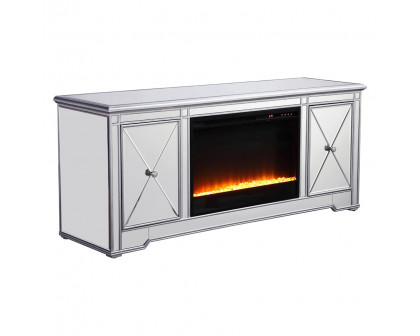 Elegant 60" Mirrored TV Stand with Wood Fireplace Insert - Silver (MF601S-F2)