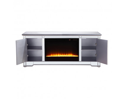 Elegant 60" Mirrored TV Stand with Wood Fireplace Insert - Silver (MF601S-F2)