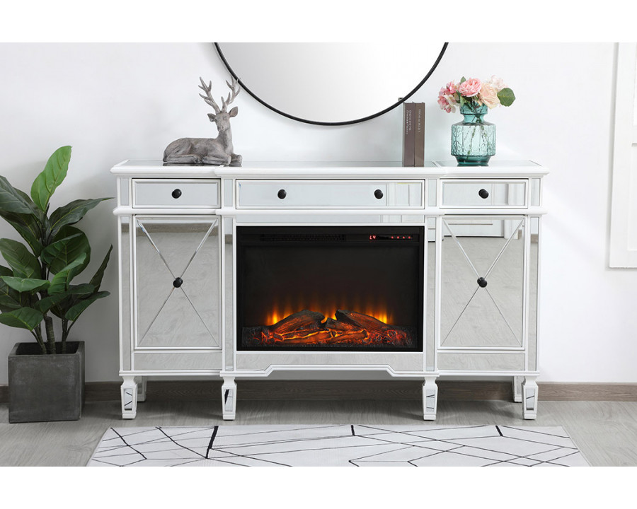 Elegant Contempo 60" Mirrored Credenza with Wood Fireplace - White (MF61060AW-F1)