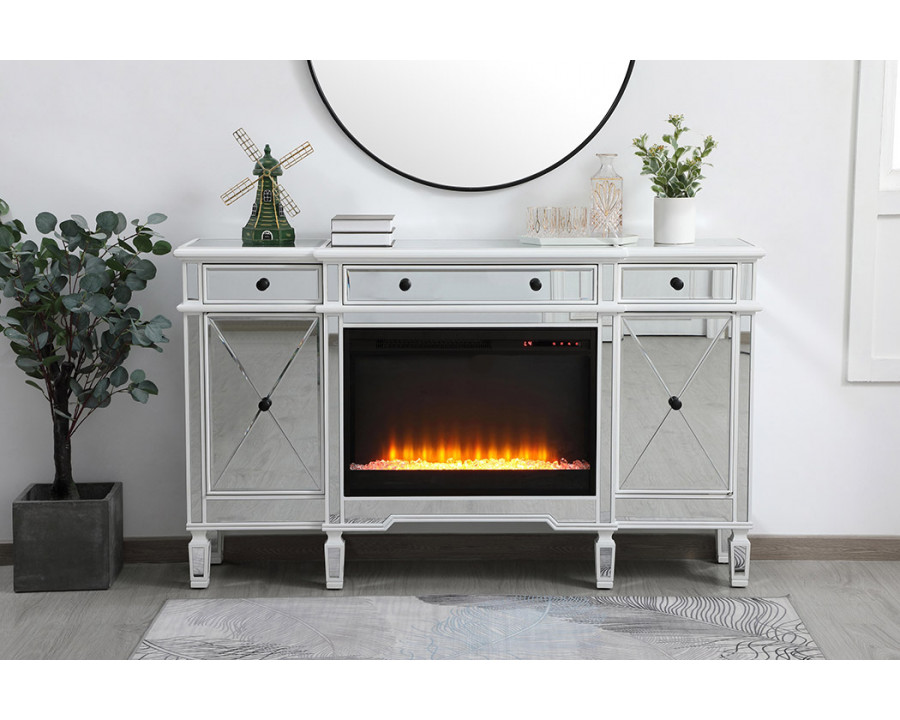 Elegant Contempo 60" Mirrored Credenza with Wood Fireplace - White (MF61060AW-F2)