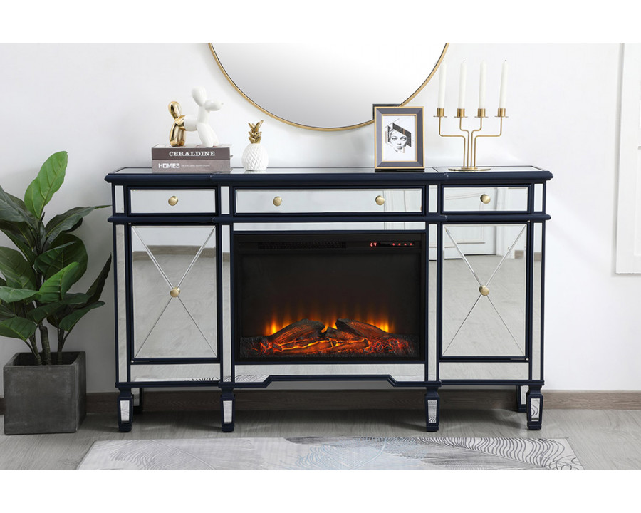 Elegant Contempo 60" Mirrored Credenza with Wood Fireplace - Blue (MF61060BL-F1)