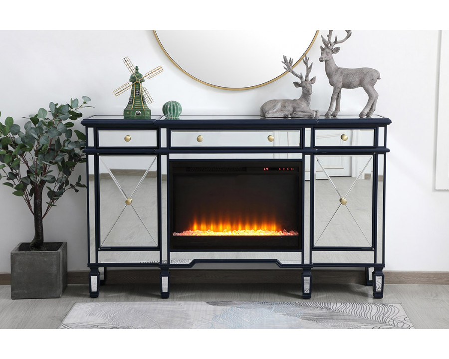 Elegant Contempo 60" Mirrored Credenza with Wood Fireplace - Blue (MF61060BL-F2)