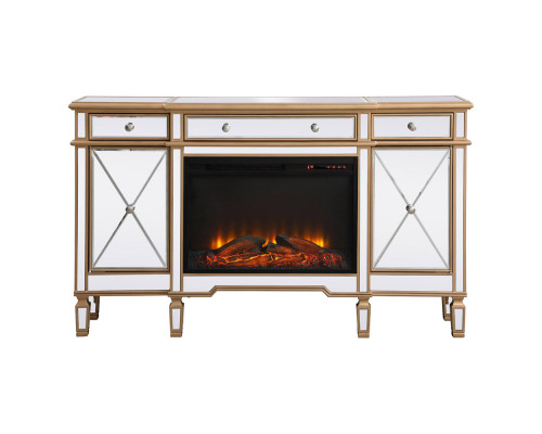 Elegant Contempo 60" Mirrored Credenza with Wood Fireplace - Gold (MF61060G-F1)