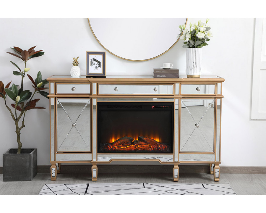 Elegant Contempo 60" Mirrored Credenza with Wood Fireplace - Gold (MF61060G-F1)