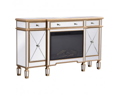 Elegant Contempo 60" Mirrored Credenza with Wood Fireplace - Gold (MF61060G-F1)