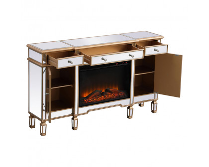 Elegant Contempo 60" Mirrored Credenza with Wood Fireplace - Gold (MF61060G-F1)