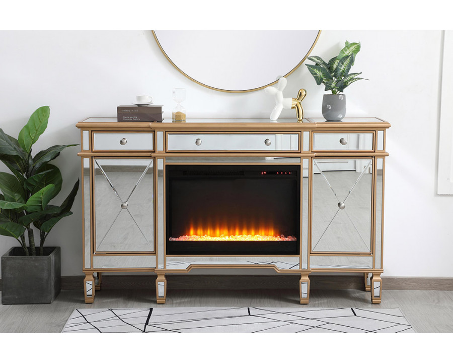 Elegant Contempo 60" Mirrored Credenza with Wood Fireplace - Gold (MF61060G-F2)