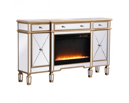 Elegant Contempo 60" Mirrored Credenza with Wood Fireplace - Gold (MF61060G-F2)