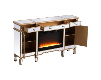 Elegant Contempo 60" Mirrored Credenza with Wood Fireplace - Gold (MF61060G-F2)