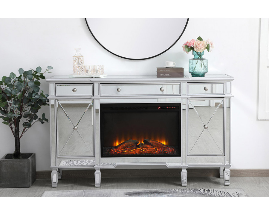 Elegant Contempo 60" Mirrored Credenza with Wood Fireplace - Silver (MF61060SC-F1)