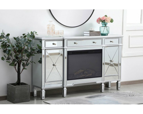 Elegant Contempo 60" Mirrored Credenza with Wood Fireplace - Silver (MF61060SC-F2)