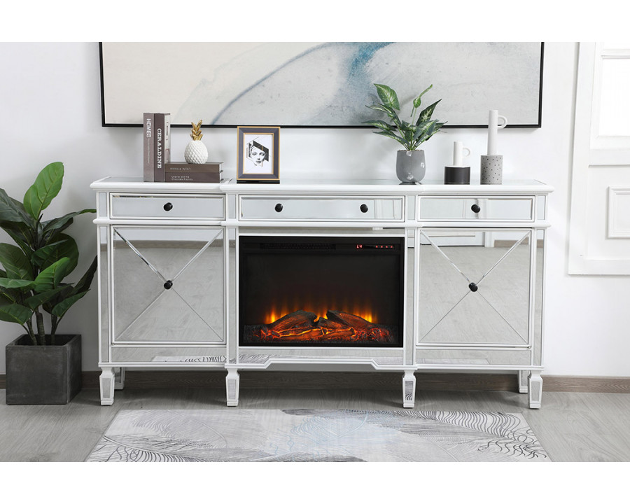 Elegant Contempo 72" Mirrored Credenza with Wood Fireplace - White (MF61072AW-F1)