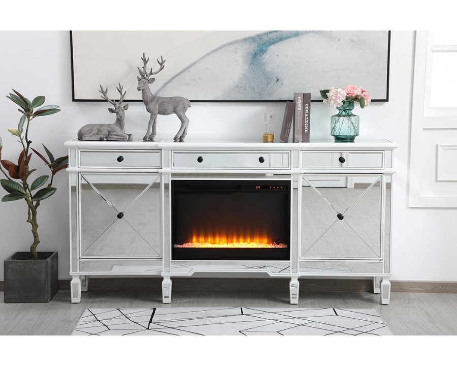 Elegant Contempo 72" Mirrored Credenza with Wood Fireplace - White (MF61072AW-F2)