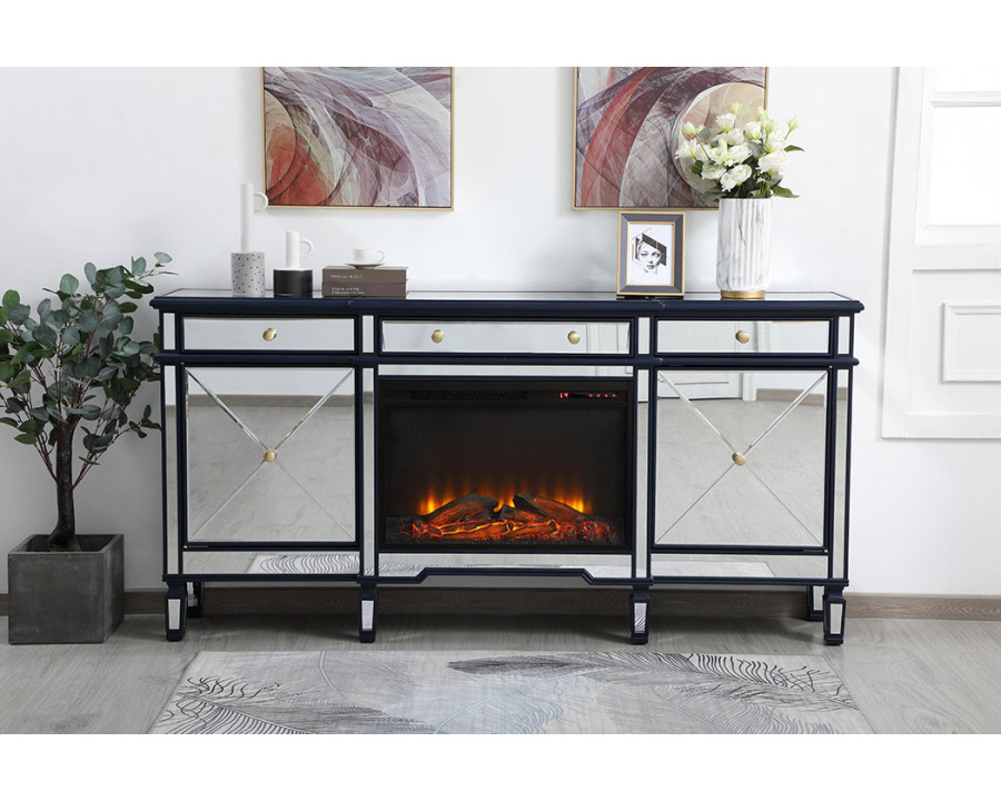 Elegant Contempo 72" Mirrored Credenza with Wood Fireplace - Blue (MF61072BL-F1)