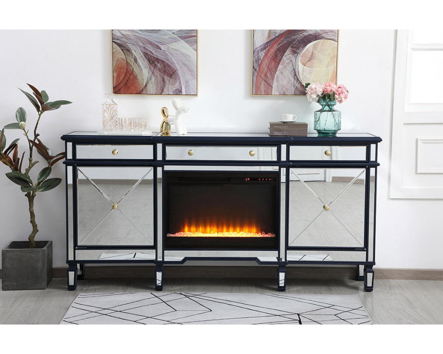 Elegant Contempo 72" Mirrored Credenza with Wood Fireplace - Blue (MF61072BL-F2)