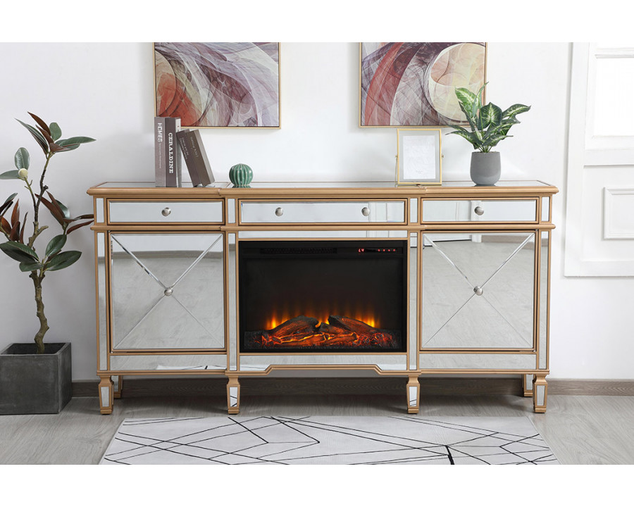 Elegant Contempo 72" Mirrored Credenza with Wood Fireplace - Gold (MF61072G-F1)